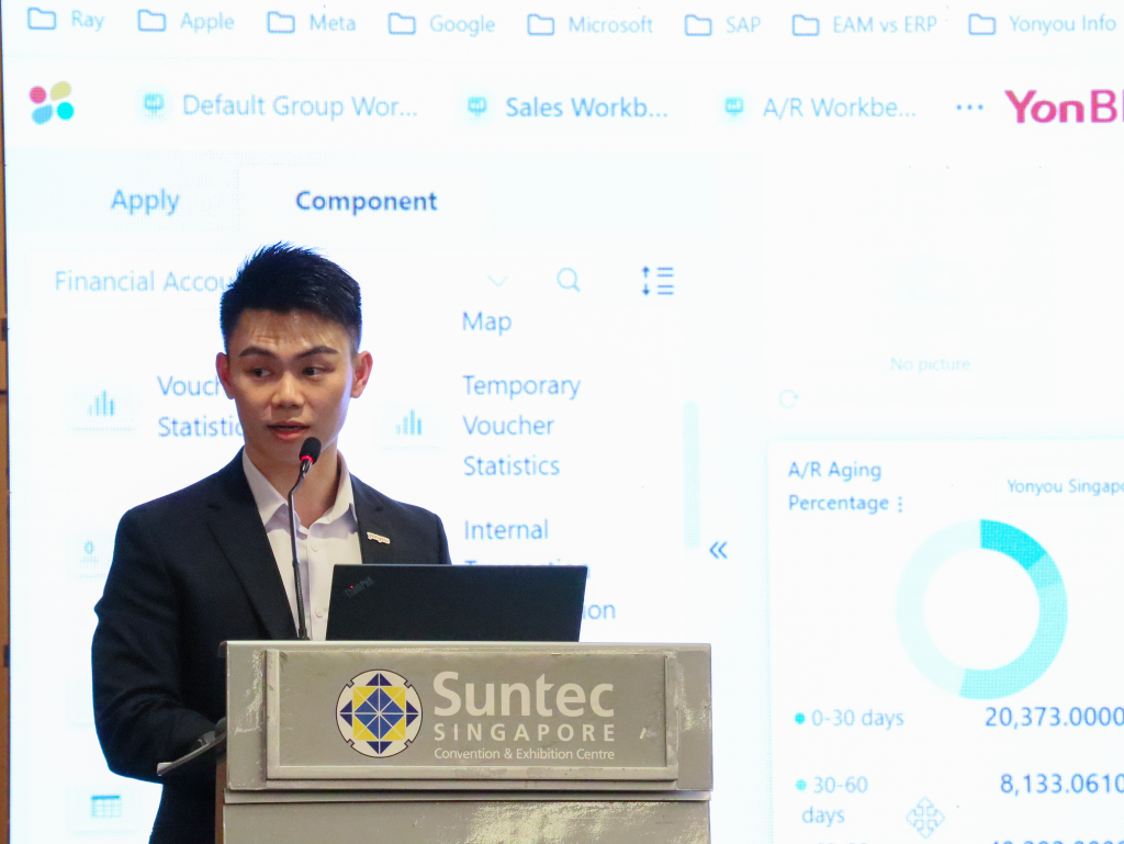 Ray Lim, Pre-sales & Implementation Consultant of Yonyou Network Technology (Singapore), speaking at the podium during the Yonyou Customer Connect SEA 2024 event.